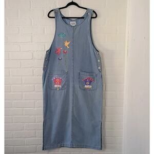 Denim Maxi Jumper Pinafore Overall Dress Women L Bird Birdhouse Teacher Garden